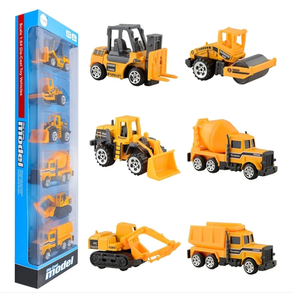 6 Pcs Mini Die Cast Car Set 1/64 Scale Alloy Construction Trucks - NIB